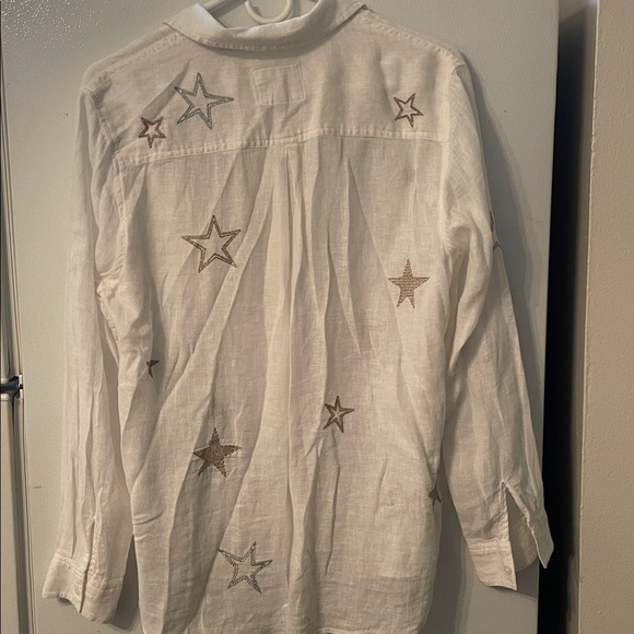 Rails Small Charli White Rose Gold Star Embroidered Shirt Linen Blend Button Up - Picture 7 of 9